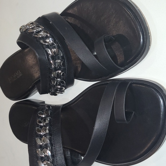 Michael Kors Black Leather Sandals with Silver Chain Design Size 10 - Picture 7 of 13